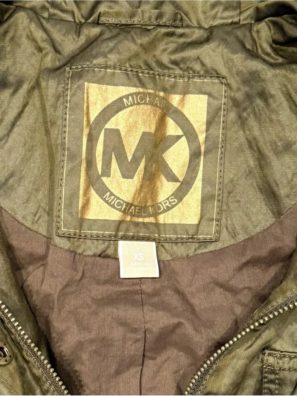 Michael Kors Olive Green Military Utility Style Jacket XS Gold Hardware Full Zip
